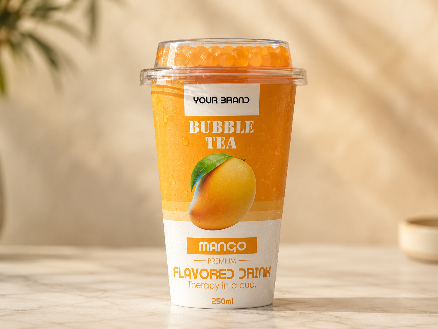 BUBBLE TEA Mango flavour in a 250ml cup.